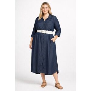 Black Tape Denim Plus Shirt Dress 2X Ink Blue Tencel Midi Boho Chic Flowy Retro